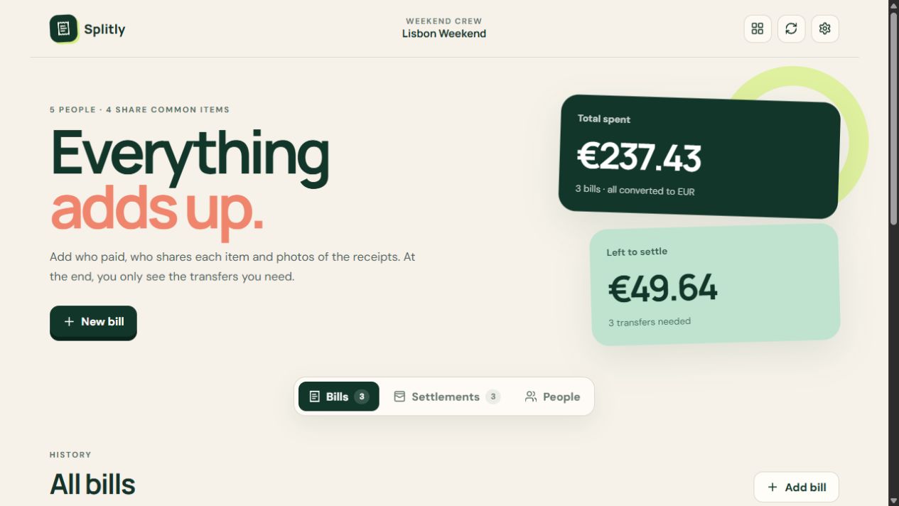 Splitly event overview showing total spent and final settlement